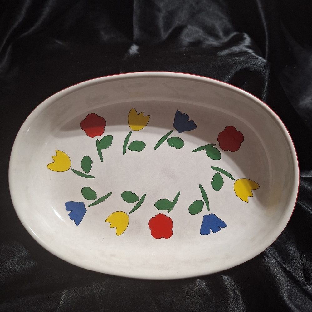 Vintage Tulip Baking Dish~Ceramic Platter~Casserole~Quiche~Hand Painted~1980s